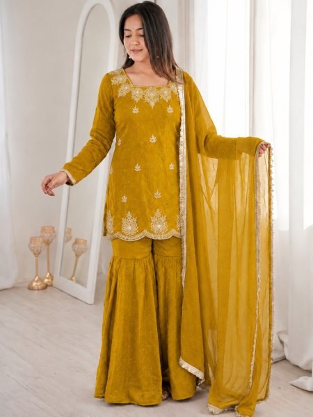 Mustard Yellow Fandy Silk Embroidered Kurti Sharara Dupatta Set with Hot Fix Work 3 Piece Kurti Set