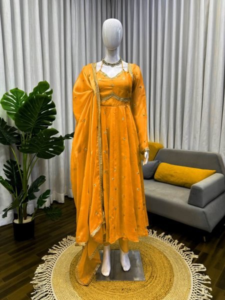 Mustard Yellow Fendy Silk Kurti Set with Sequence Embroidery   Lace Dupatta Festive Ready Outfit Georgette Kurti 