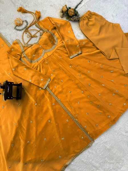 Mustard Yellow Fendy Silk Kurti Set with Sequence Embroidery   Lace Dupatta Festive Ready Outfit Georgette Kurti 