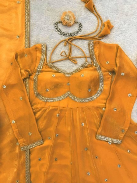 Mustard Yellow Fendy Silk Kurti Set with Sequence Embroidery   Lace Dupatta Festive Ready Outfit Georgette Kurti 