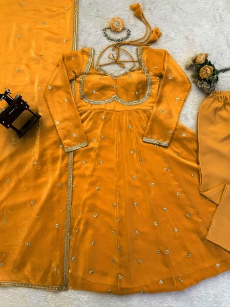 Mustard Yellow Fendy Silk Kurti Set with Sequence Embroidery   Lace Dupatta Festive Ready Outfit Georgette Kurti 