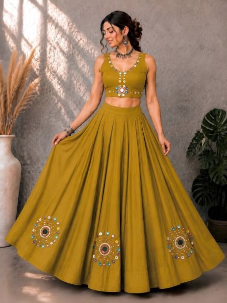 Mustard Yellow Festive Wear Roman Silk Lehenga Choli with 6 Meter Flared Lehenga For Navrati  Navratri Collection