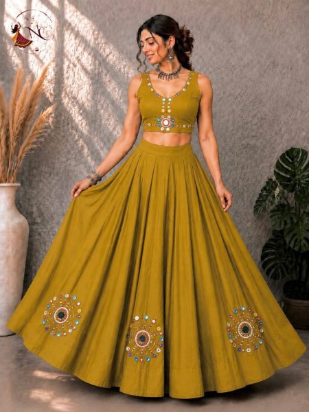 Mustard Yellow Festive Wear Roman Silk Lehenga Choli with 6 Meter Flared Lehenga For Navrati  Navratri Lehnega Choli