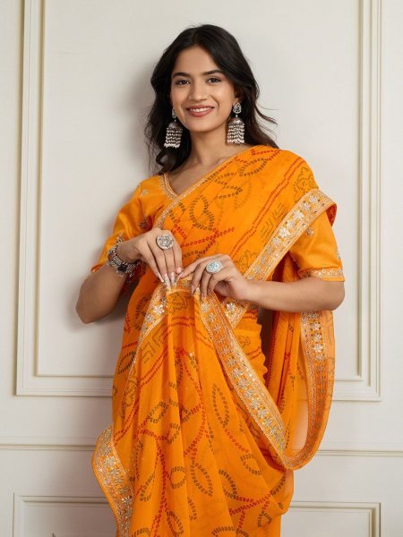 Mustard Yellow Georgette Bandhej Saree with Golden Lace Festive Glow Edition Sarees 