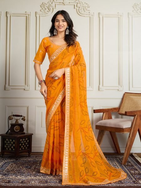 Mustard Yellow Georgette Bandhej Saree with Golden Lace Festive Glow Edition Bandhej Sarees Wholesale