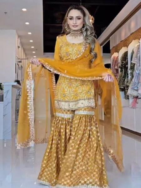 Mustard Yellow Heavy Embroidery Chinnon Silk Sharara Set With Fancy Net Dupatta Ready To Wear Suit