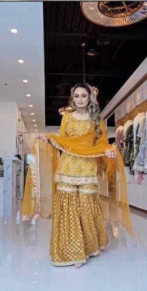 Mustard Yellow Heavy Embroidery Chinnon Silk Sharara Set With Fancy Net Dupatta Ready To Wear Collection