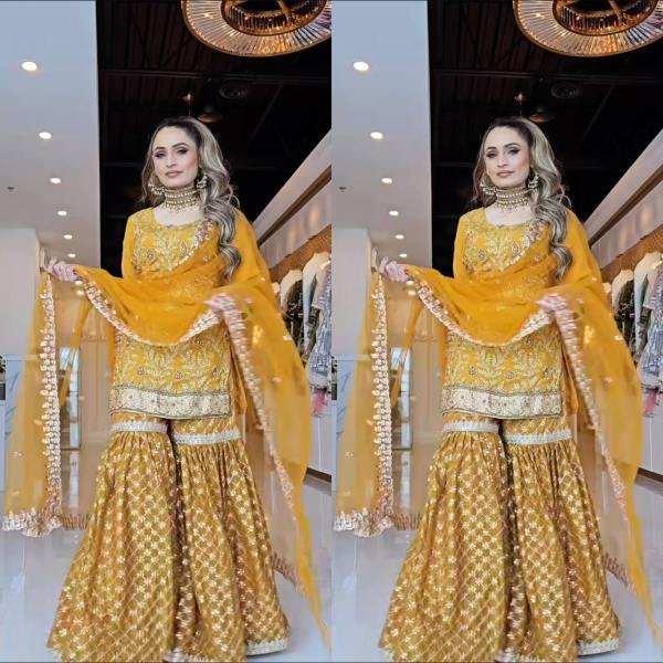 Mustard Yellow Heavy Embroidery Chinnon Silk Sharara Set With Fancy Net Dupatta Ready To Wear Collection