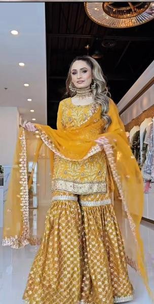 Mustard Yellow Heavy Embroidery Chinnon Silk Sharara Set With Fancy Net Dupatta Ready To Wear Collection
