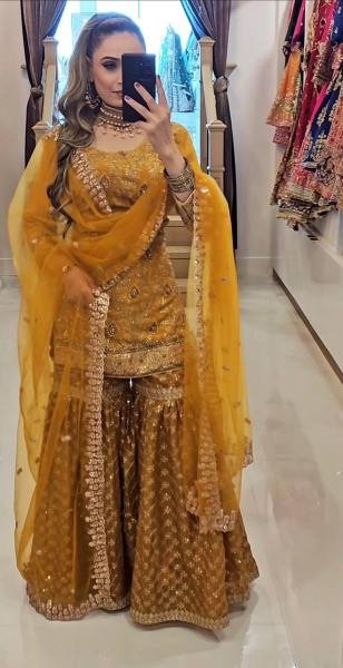 Mustard Yellow Heavy Embroidery Chinnon Silk Sharara Set With Fancy Net Dupatta Ready To Wear Collection