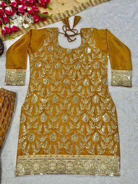 Mustard Yellow Heavy Embroidery Chinnon Silk Sharara Set With Fancy Net Dupatta Ready To Wear Collection