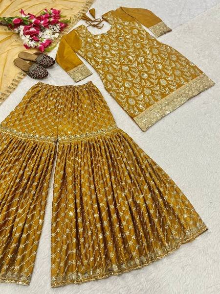 Mustard Yellow Heavy Embroidery Chinnon Silk Sharara Set With Fancy Net Dupatta Ready To Wear Collection