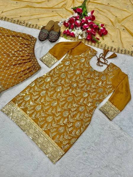 Mustard Yellow Heavy Embroidery Chinnon Silk Sharara Set With Fancy Net Dupatta Ready To Wear Collection