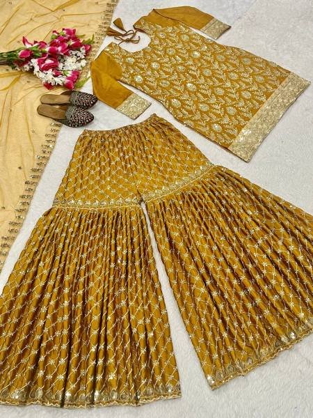 Mustard Yellow Heavy Embroidery Chinnon Silk Sharara Set With Fancy Net Dupatta Ready To Wear Collection