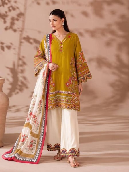 Mustard Yellow Party Wear Roman Cotton Top with Magic Cotton Palazzo Ready To Wear Suit