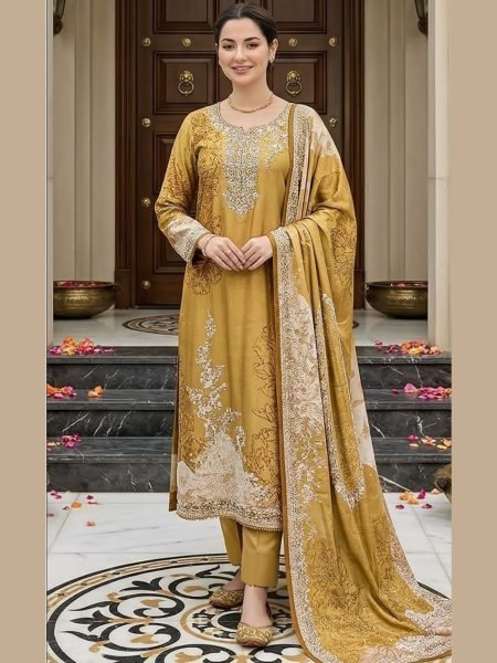 Mustard Yellow Premium Ethnic Suit Set with Maslin Print Dupatta and Hand Embroidery Salwar Kameez