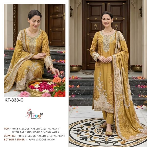 Mustard Yellow Premium Ethnic Suit Set with Maslin Print Dupatta and Hand Embroidery Pakistani Suits Wholesale