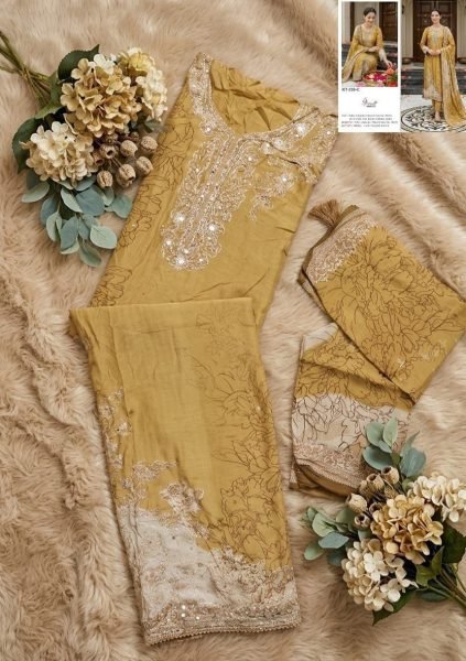 Mustard Yellow Premium Ethnic Suit Set with Maslin Print Dupatta and Hand Embroidery Pakistani Suits Wholesale