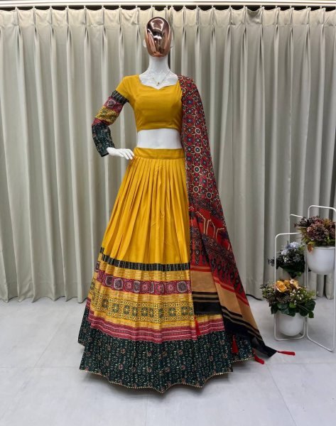 Mustard Yellow Printed Rayon Lehenga Choli with 4 Mtr Flair and Dupatta Festive Outfit Navratri Lehnega Choli
