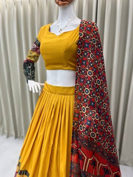Mustard Yellow Printed Rayon Lehenga Choli with 4 Mtr Flair and Dupatta Festive Outfit Navratri Lehnega Choli