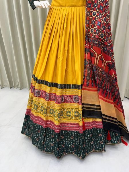 Mustard Yellow Printed Rayon Lehenga Choli with 4 Mtr Flair and Dupatta Festive Outfit Navratri Lehnega Choli
