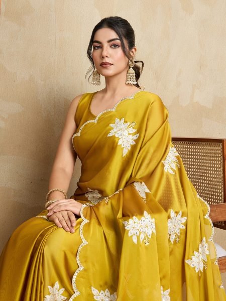 Mustard Yellow Rangoli Silk Saree with Sequin Embroidery   Cutwork Border for Festive Wear Silk Sarees Wholesale
