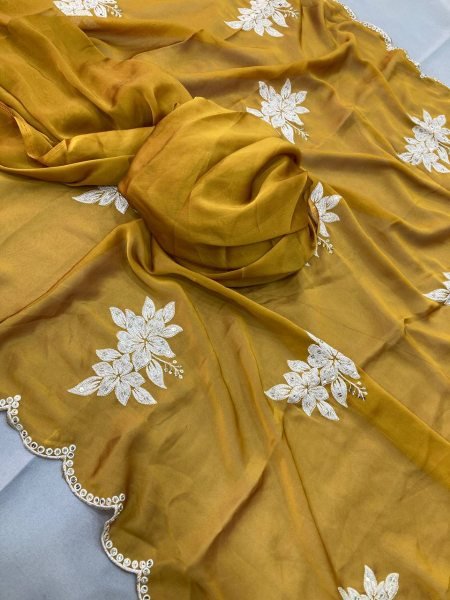 Mustard Yellow Rangoli Silk Saree with Sequin Embroidery   Cutwork Border for Festive Wear Silk Sarees Wholesale