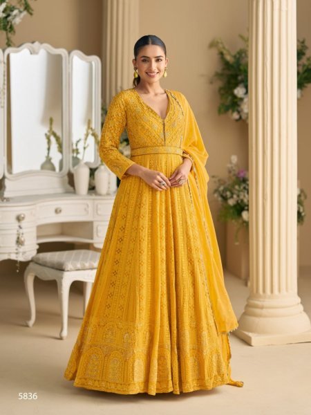 Mustard Yellow Real Georgette Chikankari Embroidered Anarkali Suit with Dupatta 