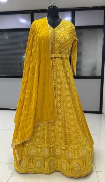 Mustard Yellow Real Georgette Chikankari Embroidered Anarkali Suit with Dupatta Anarakali Gown Wholesale