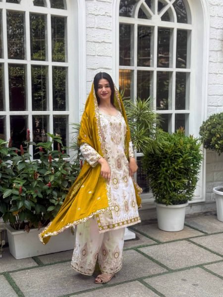 Golden Mustard Chinon Silk Palazzo Suit with Heavy Embroidery For Stylish Affordable Suit Ready To Wear Collection