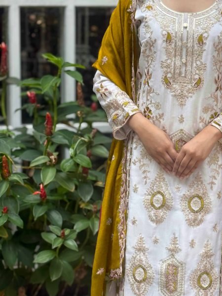Golden Mustard Chinon Silk Palazzo Suit with Heavy Embroidery For Stylish Affordable Suit Ready To Wear Collection