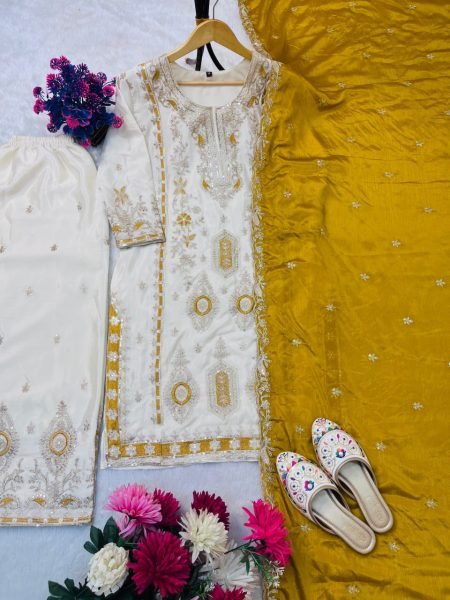 Golden Mustard Chinon Silk Palazzo Suit with Heavy Embroidery For Stylish Affordable Suit Ready To Wear Collection