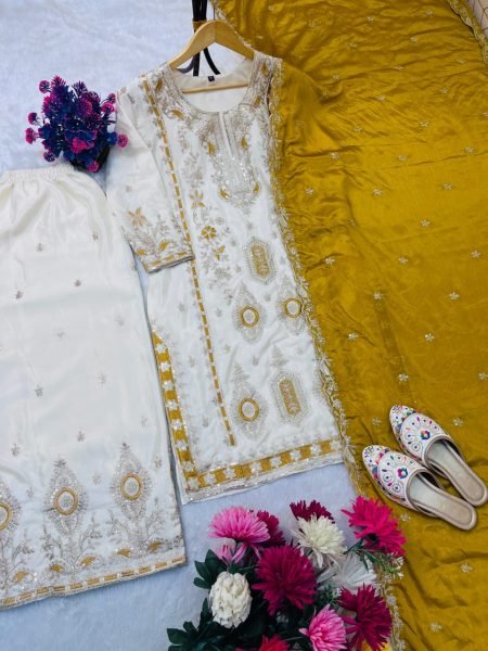 Golden Mustard Chinon Silk Palazzo Suit with Heavy Embroidery For Stylish Affordable Suit Ready To Wear Collection