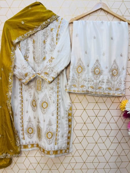 Golden Mustard Chinon Silk Palazzo Suit with Heavy Embroidery For Stylish Affordable Suit Ready To Wear Collection