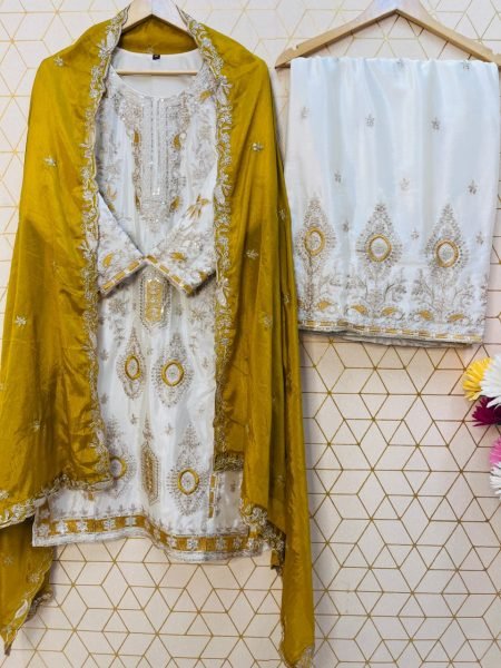 Golden Mustard Chinon Silk Palazzo Suit with Heavy Embroidery For Stylish Affordable Suit Ready To Wear Collection