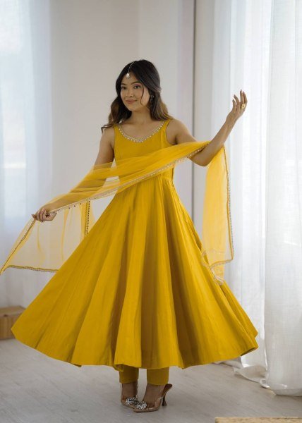 Mustard Yellow Romansilk Chanderi Anarkali Dress with Dupatta and Pant Ideal for Day Celebrations Anarkali Kurtis 