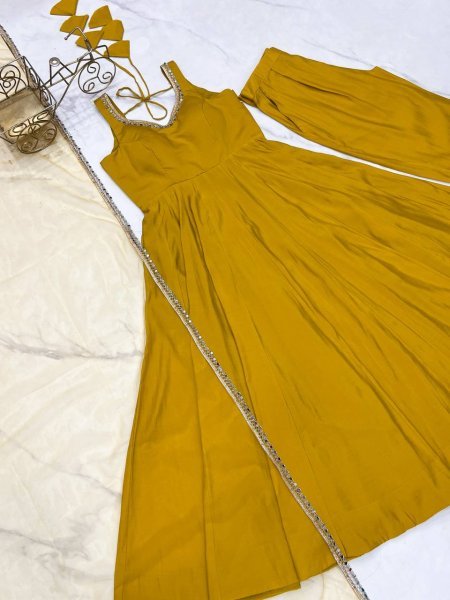 Mustard Yellow Romansilk Chanderi Anarkali Dress with Dupatta and Pant Ideal for Day Celebrations Anarkali Kurtis 