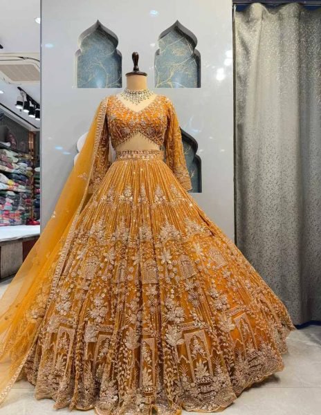 Mustard Yellow Soft Net Bridal Lehenga with Heavy Sequins amd Embroidery Haldi Special Designer Lehenga Choli