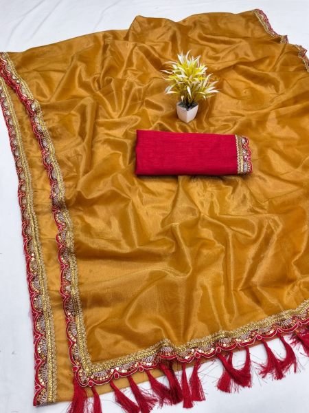 Mustard Yellow Soft Shiny Net Saree with Embroidery Lace Detailing For Party Wear 