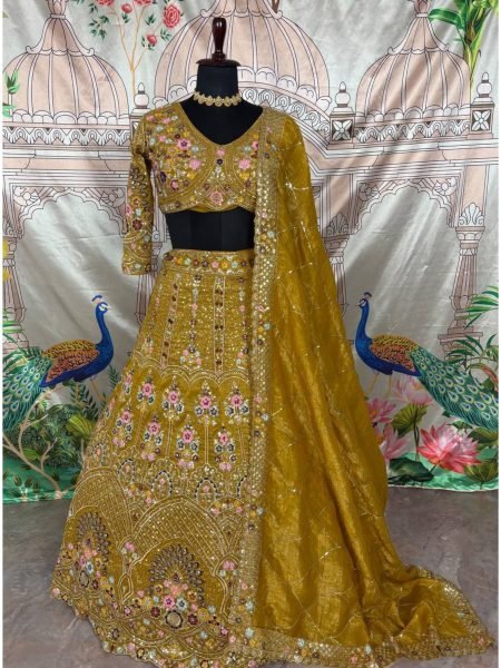 Mustard Yellow Gold Crush Bridal Lehenga with 4m Flare and Mirror Embroidery for Resellers  Lehenga
