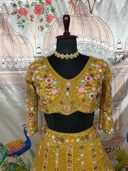 Mustard Yellow Gold Crush Bridal Lehenga with 4m Flare and Mirror Embroidery for Resellers Designer Lehenga Choli