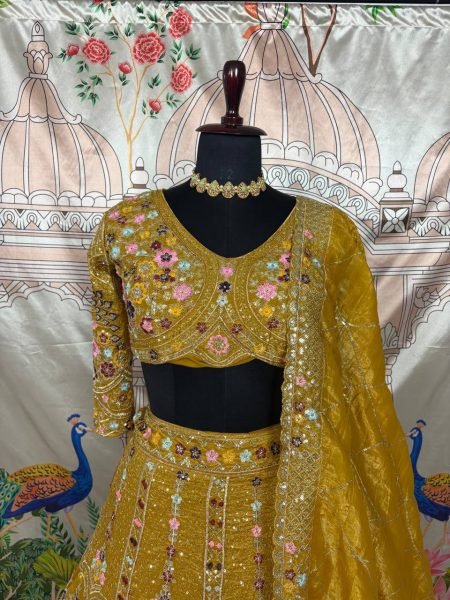 Mustard Yellow Gold Crush Bridal Lehenga with 4m Flare and Mirror Embroidery for Resellers Designer Lehenga Choli