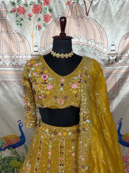 Mustard Yellow Gold Crush Bridal Lehenga with 4m Flare and Mirror Embroidery for Resellers Designer Lehenga Choli