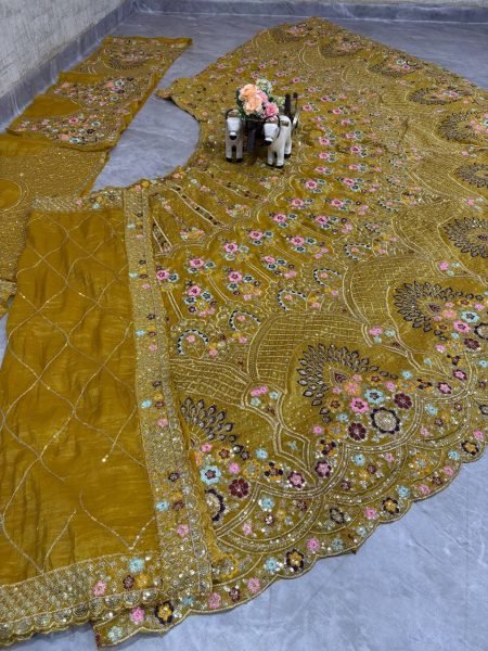 Mustard Yellow Gold Crush Bridal Lehenga with 4m Flare and Mirror Embroidery for Resellers Designer Lehenga Choli