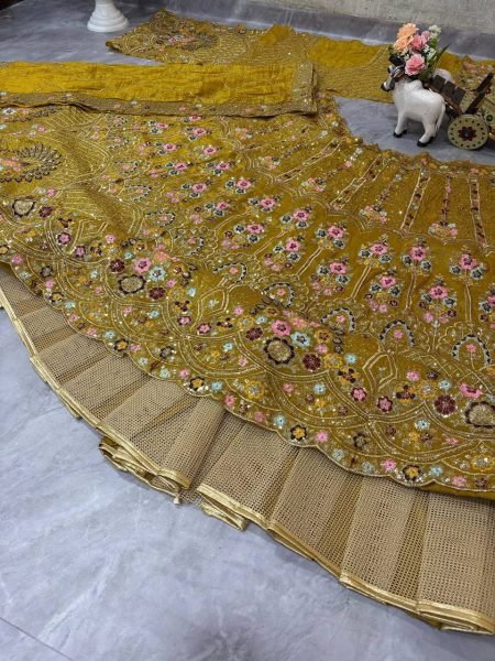 Mustard Yellow Gold Crush Bridal Lehenga with 4m Flare and Mirror Embroidery for Resellers Designer Lehenga Choli