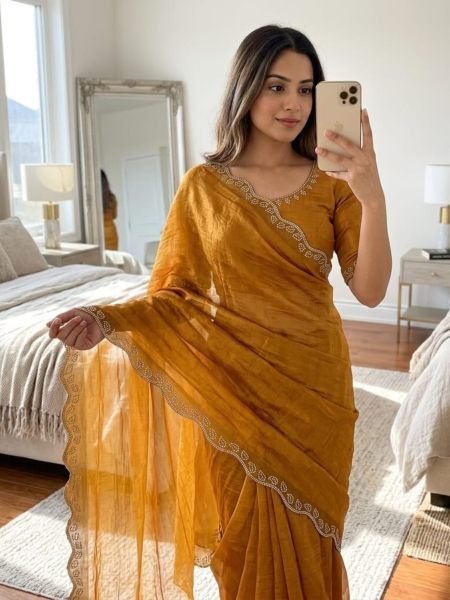 Mustard Yellow Space Silk Saree with Swarovski Diamond Lace Border Blouse 