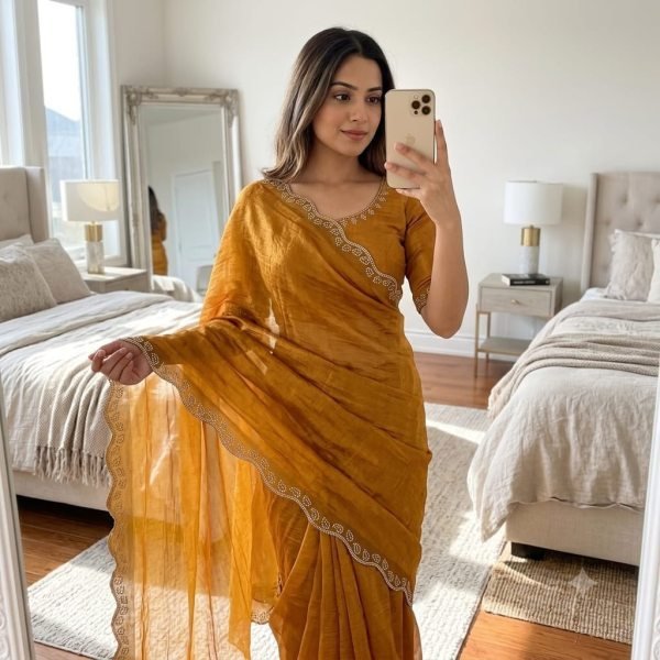 Mustard Yellow Space Silk Saree with Swarovski Diamond Lace Border Blouse Silk Sarees Wholesale