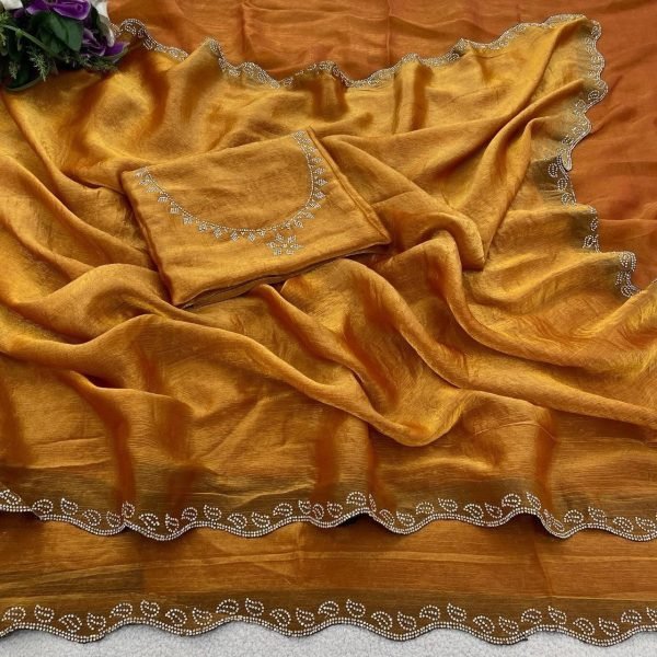 Mustard Yellow Space Silk Saree with Swarovski Diamond Lace Border Blouse Silk Sarees Wholesale