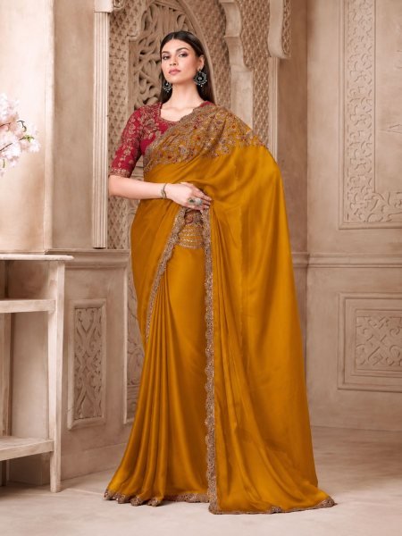 Mustard Yellow Stylish Tfh Brand Saree with Tussar Silk Blouse for Women Collection Sarees 