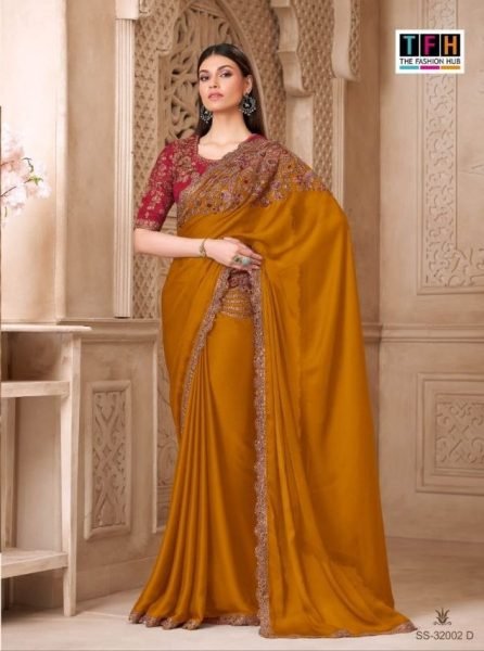 Mustard Yellow Stylish Tfh Brand Saree with Tussar Silk Blouse for Women Collection Silk Sarees Wholesale